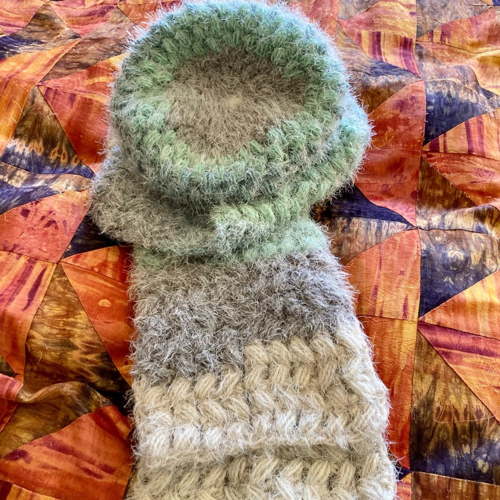 Hand-crafted mhat/scarf set. Scarf: 82 l, 8” w. Hat fits adult as shown.